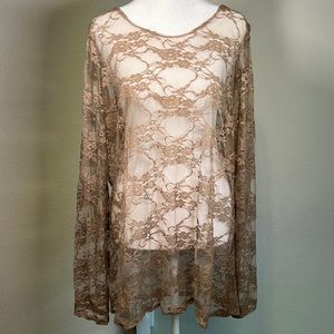 Light Brown Stretch Lace Long Sleeve T-Shirt Blouse